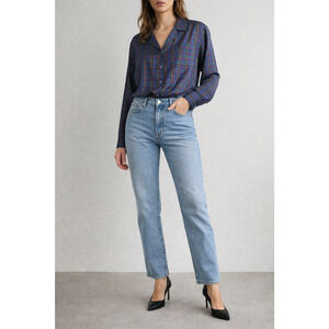 Vtg 90s 100% Silk Plaid Long Sleeve Button Up Shirt Size L 14 Blue Night Shirt